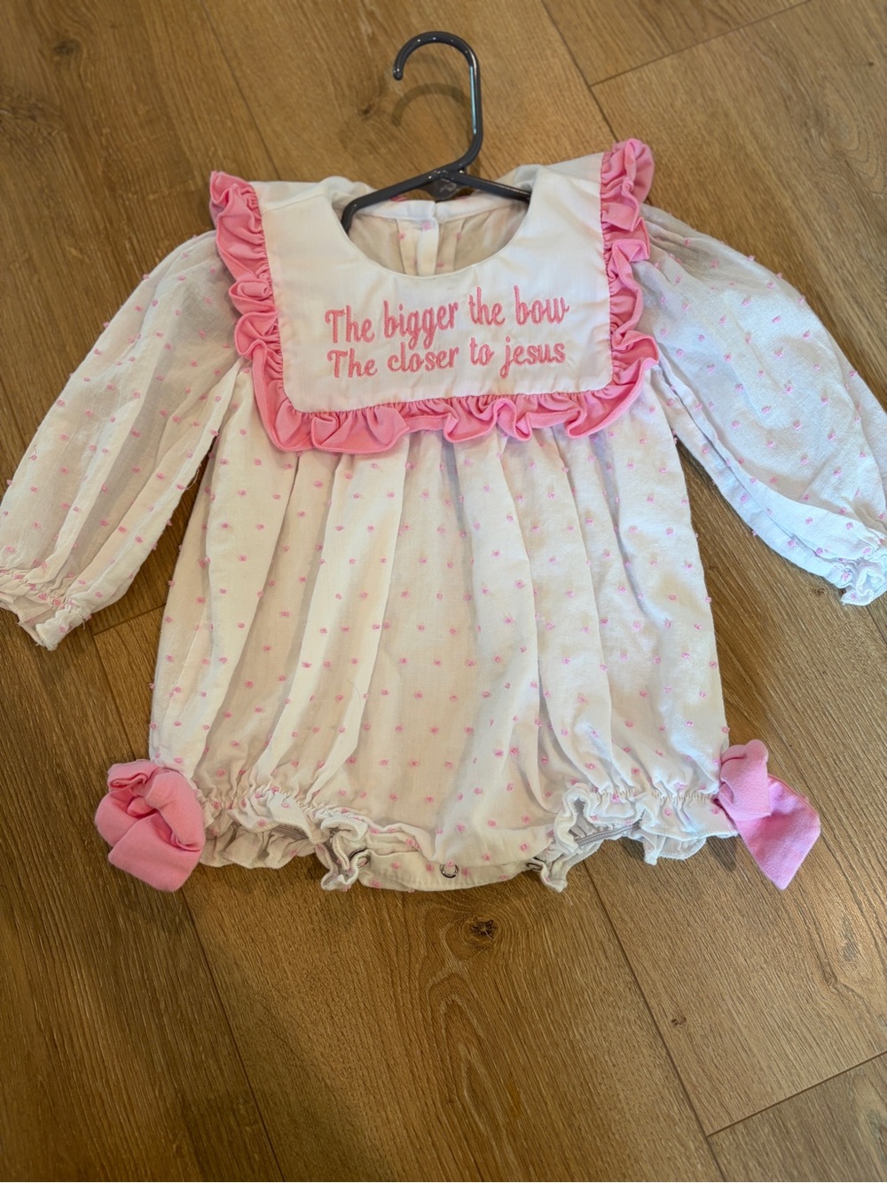 Embroidered Pink & White Infant Romper - "The bigger the bow"